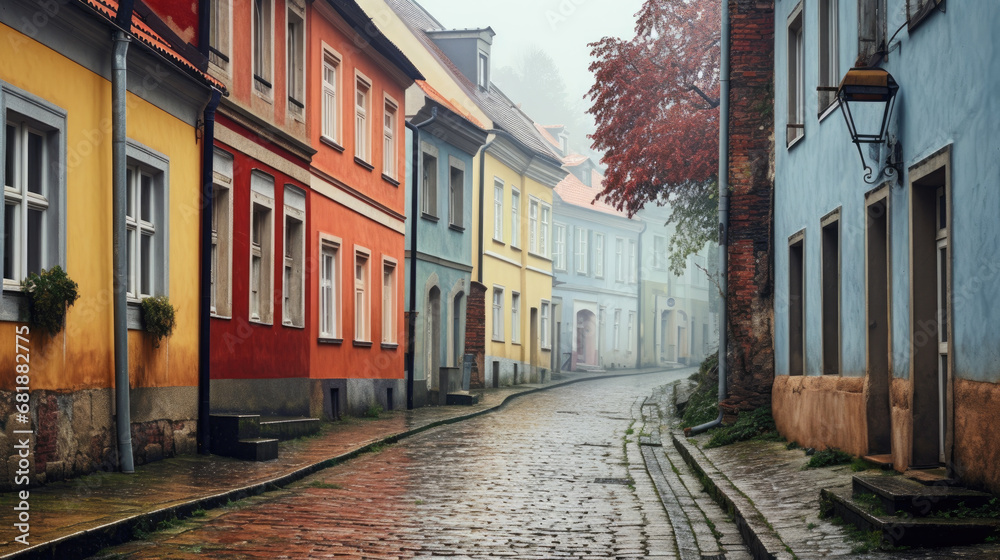 a colorful brick street lined with row houses, misty atmosphere, landscapes, traditional street scenes, colorful woodcarvings, delicate colors.