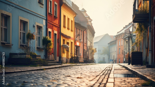 a colorful brick street lined with row houses, misty atmosphere, landscapes, traditional street scenes, colorful woodcarvings, delicate colors. © Jacques Evangelista