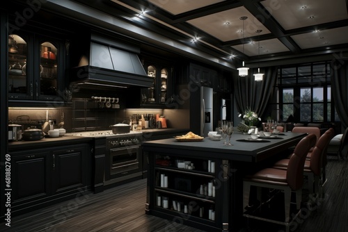 Eerie Kitchen dark interior. Home light. Generate Ai