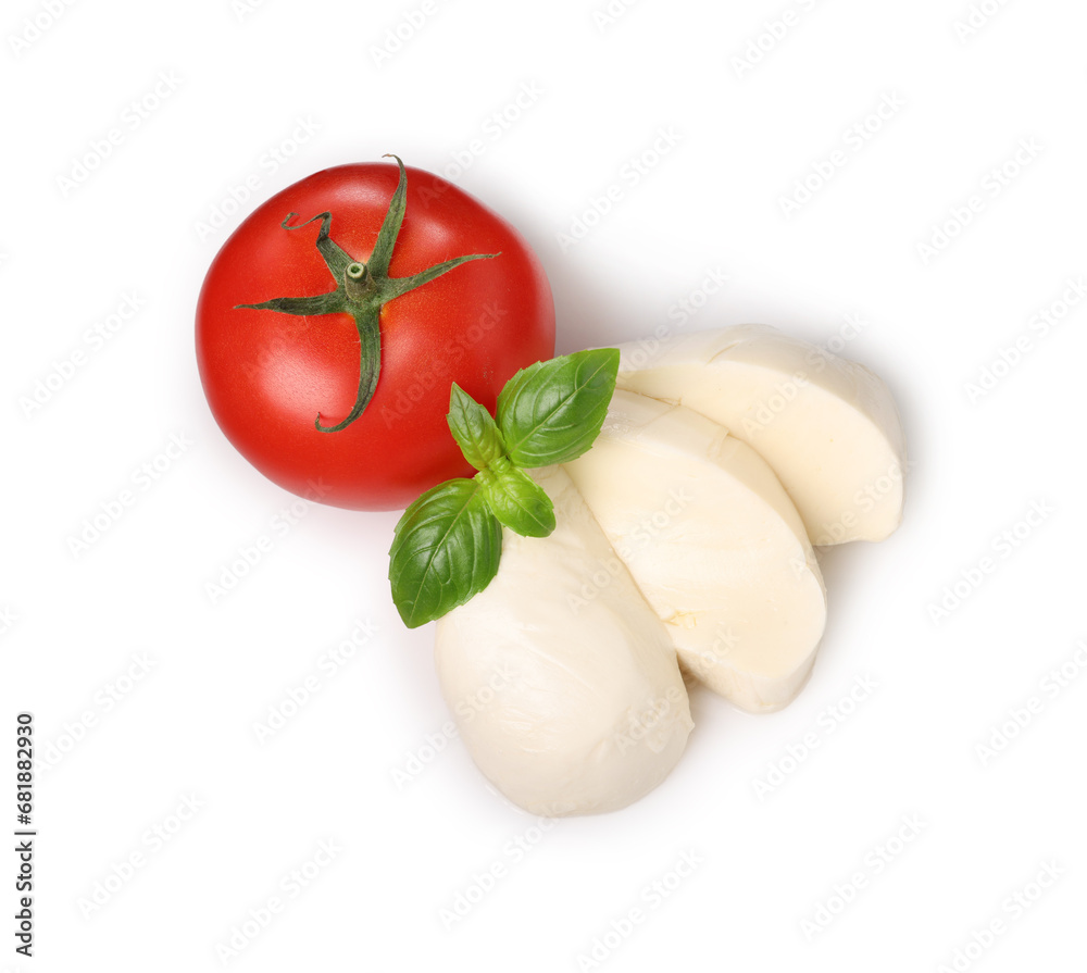 Delicious mozzarella cheese, tomato and basil leaves isolated on white, top view. Cooking Caprese salad