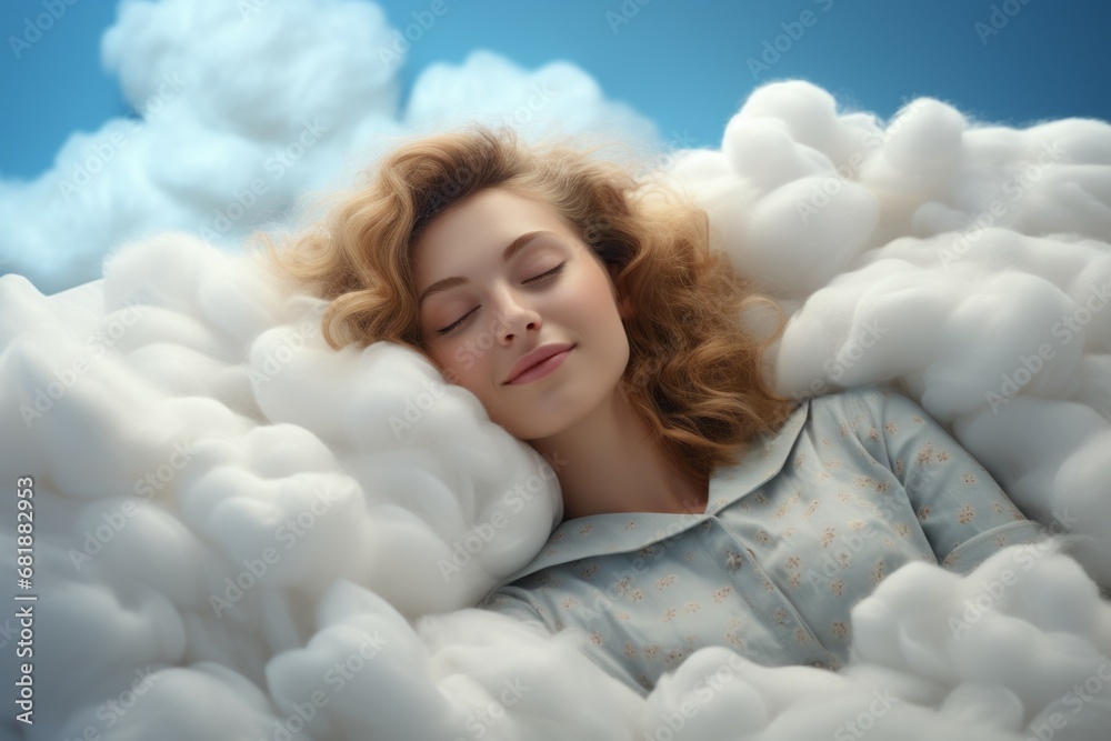 Cute young beautiful woman sleeping on a cloud. Portrait with selective focus and copy space for text