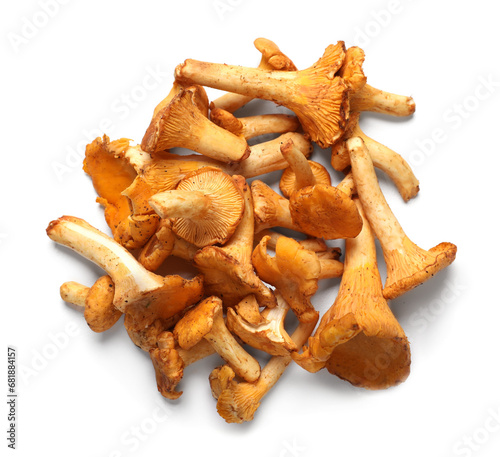 Fresh chanterelle mushrooms isolated on white, top view
