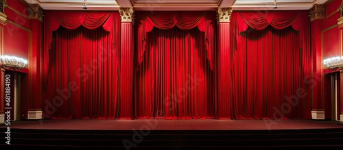 The old building in City has a stunning red interior architecture, reminiscent of a classic cinema stage, perfect for hosting movies, concerts, and cultural events. The decorative curtains add to the