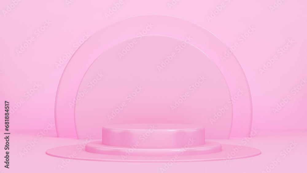 Pink 3d background, product presentation podium, mockup, website cosmetic showroom, circle pink background. Rose background for product presentation. Three steps pedestal render background, circle.