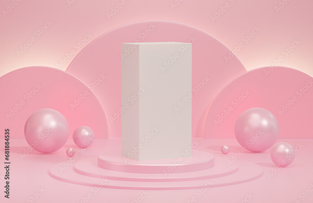 Pink podium with lights on pastel pink background. 3d rendering product presentation cosmetic mockup. Rose product mockup background for website. Hair dry mockup box. Pink podium with lights on pastel pink background. 3d rendering product presentation cosmetic mockup. Rose product mockup background for website. Hair dry mockup box.