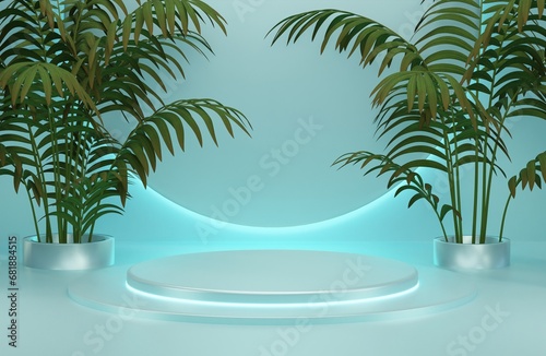 3d rendering Geometrical abstract background Scenes with podium scenes in pastel color. light blue with plants. Tropical presentation backgron, product placeholder. Empty space website banner. photo
