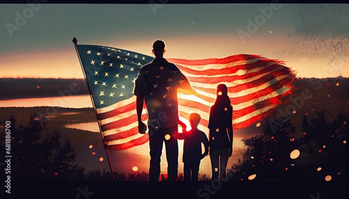 young family american flag sunset celebrates independence day usa celebrate 4th july patriotic holiday patriot adult america background beautiful blue blurred bokeh card celebration country couple