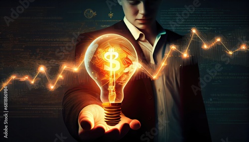 cryptocurrency innovation concept businessman holding iluminated light bulb bitcoin icon increase value cryptocurrencies futuristic stock exchange trade growth investment banking business candle photo