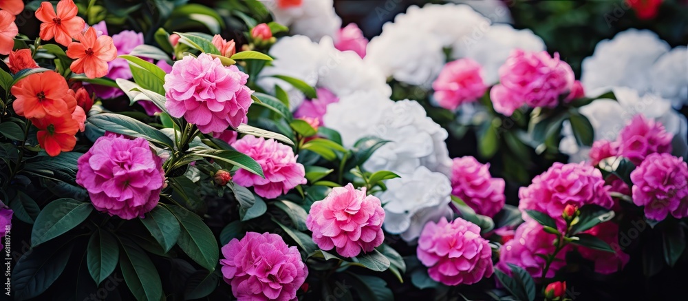 background, a vibrant and colorful garden thrived with blooming flowers, showcasing the beauty of nature summer. The pink floral arrangement stood out among the white and green leaves, adding a pop of