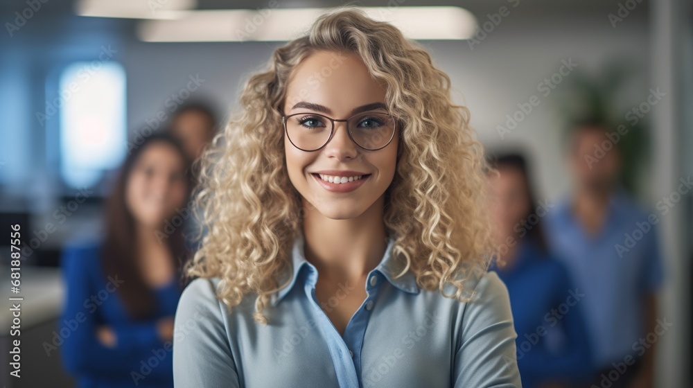 Portrait of an attractive business woman with curly hair, colleagues in background Portrait of an attractive business woman with curly hair, colleagues in background