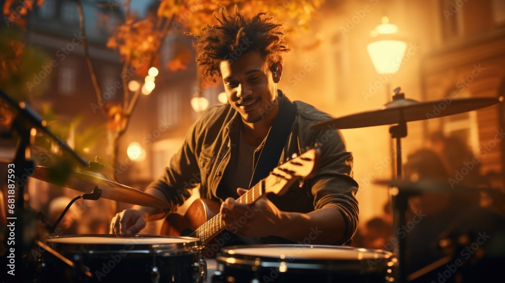 Young musician man play in band on drums and guitar near cafe in evening city street - obrazy, fototapety, plakaty 