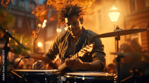 Young musician man play in band on drums and guitar near cafe in evening city street photo