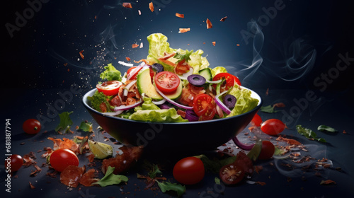 Creative Salad composition floating with fresh sliced vegetables and water splash on top of bowl created with Generative AI Technology