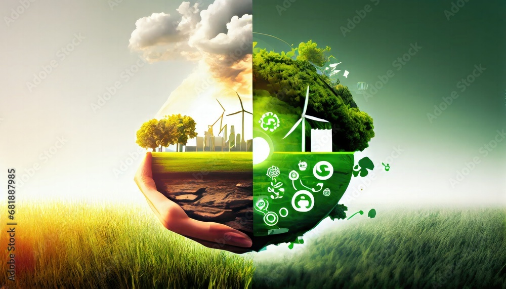 sustainable development green business based renewable energy reduce co2 emission concept businesses can limit climate change global warming environment carbon dioxide agreements atmosphere - obrazy, fototapety, plakaty 