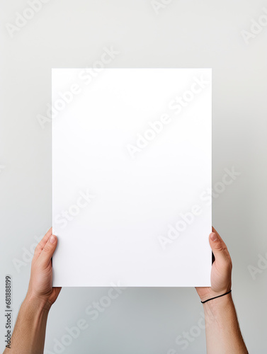 Hand holding blank photo frame board mockup on minimalist white background created with Generative AI Technology