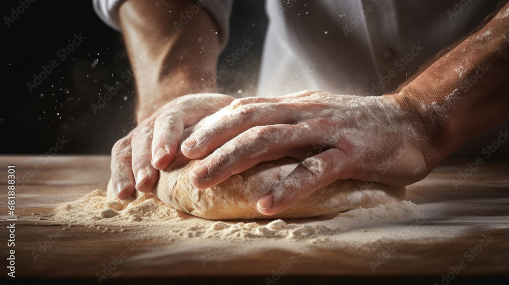 professional chef's hands knead dough with flour on a wooden table created with Generative AI Technology