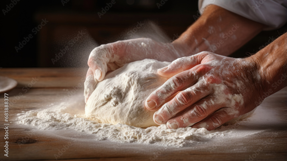 professional chef's hands knead dough with flour on a wooden table