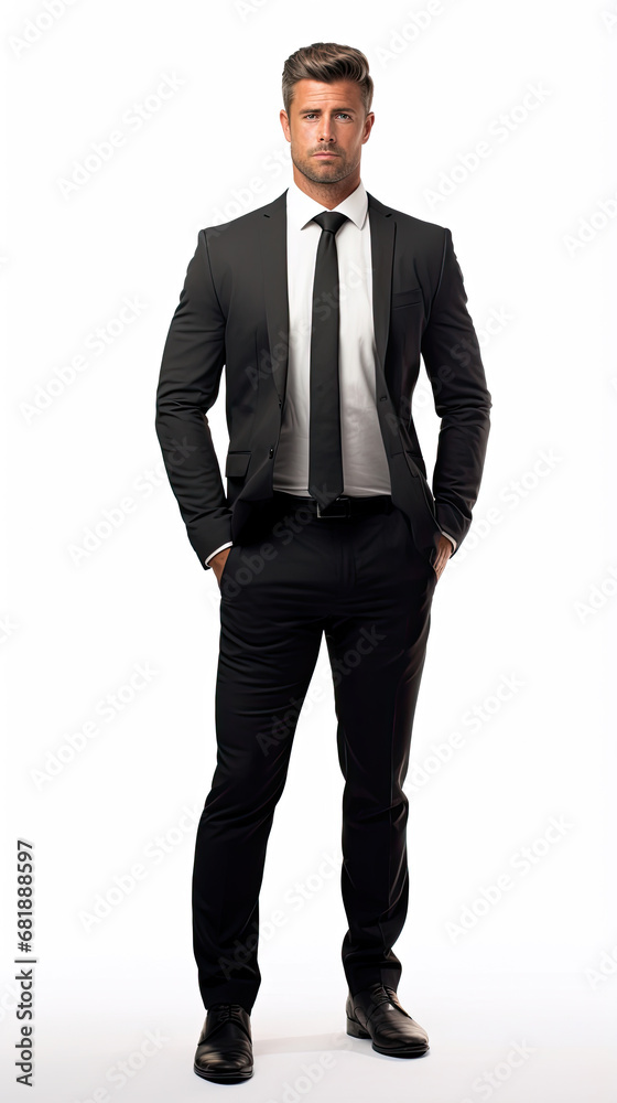 Confident middle aged handsome muscular business man with full body in black suit isolated on white background Confident middle aged handsome muscular business man with full body in black suit isolated on white background