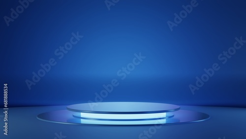 Blank product stand with neon lights on pastel blue and white background. 3d rendering blue neon backgriund circle  cylinder  stand  podium  product promotion. Empty backdrop. Gaming promotion.