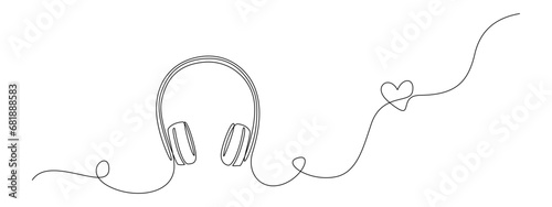 Continuous one line drawing of headphones speaker with heart shape. Music gadget and earphones devices in simple linear style. Editable stroke. Doodle vector illustration
