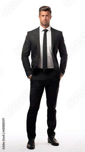 Confident middle aged handsome muscular business man with full body in black suit isolated on white background created with Generative AI Technology photo