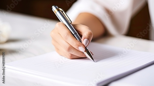 female hand holding pen to sign important business signature agreement on white agreement paper created with Generative AI Technology photo