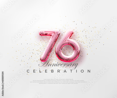 Balloons number 76th with red numbers on a bright pink background. Premium vector for poster, banner, celebration greeting.