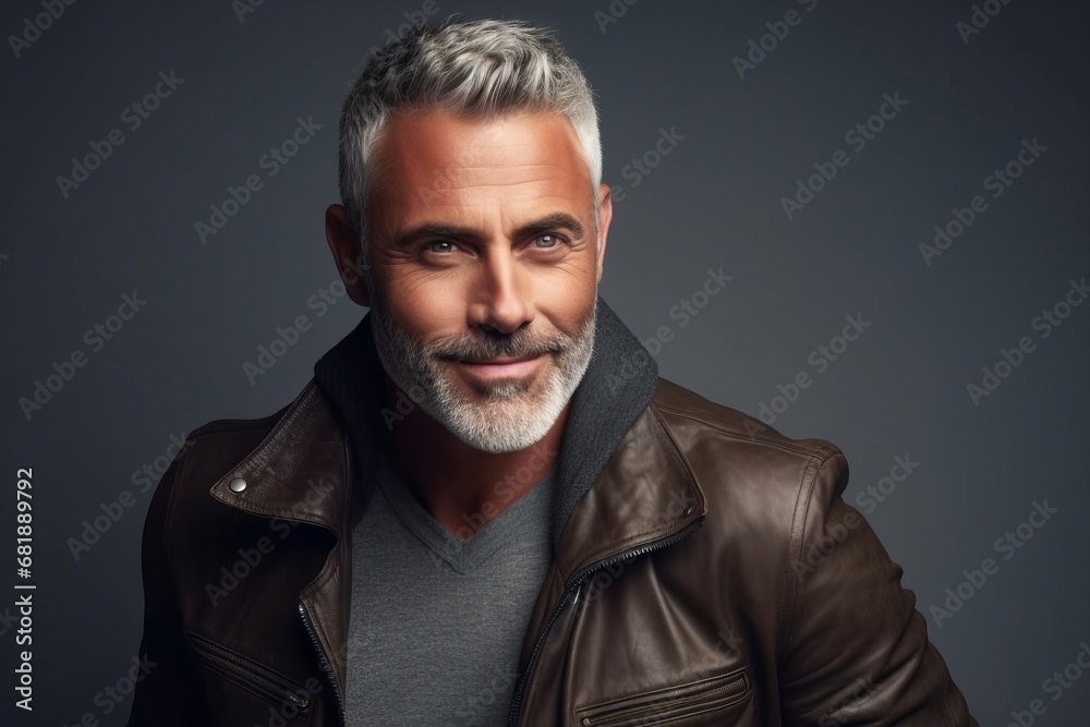 Portrait of a handsome middle-aged man in a leather jacket.