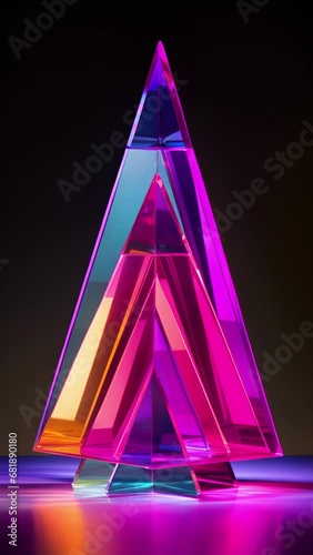 A geometric sculpture made up of small, triangular plumcolored prisms. When viewed from different angles, their shiny surfaces reflect light in various directions, creating a mesmerizing photo