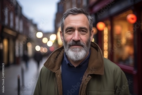 Portrait of a handsome senior man with gray beard in the city at night