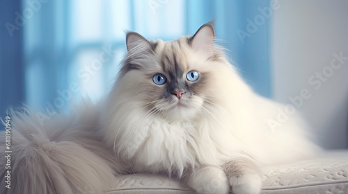 Ragdoll cat with striking blue eyes and silky soft fur in a relaxed and limp pose against a dreamy style background  created with Generative AI Technology