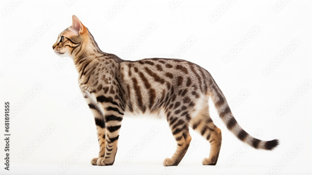 side view of the cute tabby cat full body on a white background  created with Generative AI Technology 