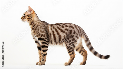 side view of the cute tabby cat full body on a white background created with Generative AI Technology 