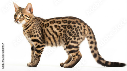 side view of the cute tabby cat full body on a white background created with Generative AI Technology 