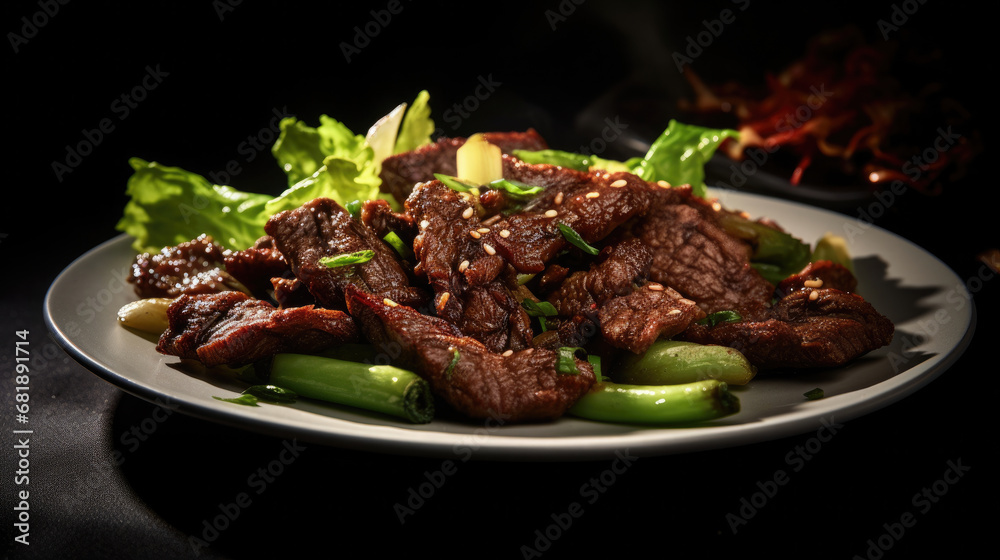 half fried beef meat and shredded lettuce with sliced onions on a white plate created with Generative AI Technology