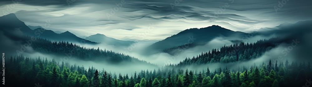 Mystical Green Forest Panorama in the Mountains