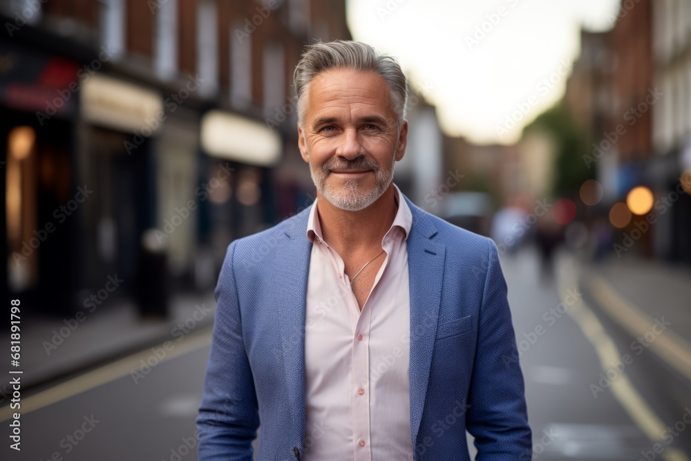 Portrait of handsome senior businessman with grey beard wearing blue suit, looking at camera and smiling while standing in city street. Portrait of handsome senior businessman with grey beard wearing blue suit, looking at camera and smiling while standing in city street.