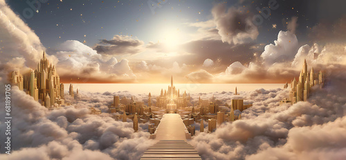 Stairway to heaven. Golden City. Clouds. Banner. Generated AI. Photoshop has been improved. photo
