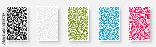 Set of paper cards with liquid design rippled contrast curve lines. Psychedelic banner, flier, invitation, booklet.