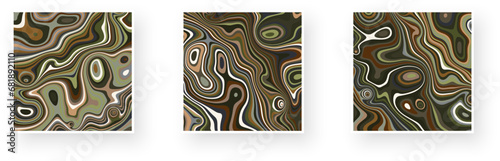 Set of natural land abstract poster designs with optical interference and liquid effect. Illusion of movement for banner, flier, invitation, cover, business card.