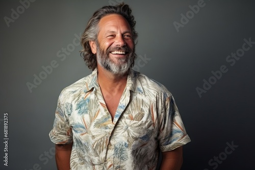 Handsome middle aged man with long gray hair and beard in a colorful shirt on a grey background
