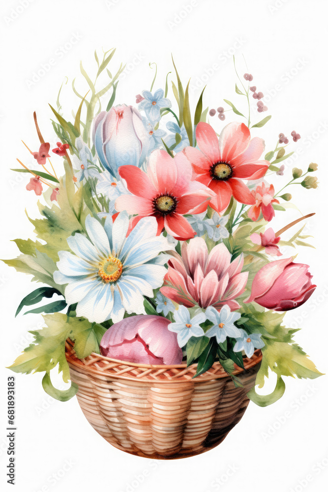watercolor clipart of cute easter eggs and flowers in a basket on a white background created with Generative AI Technology