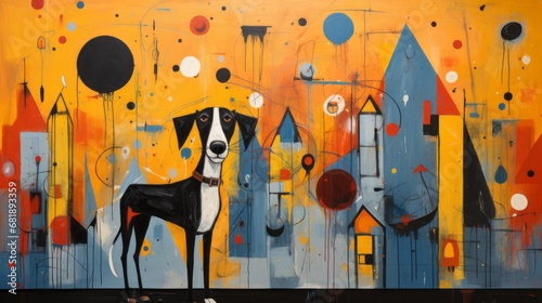 "Urban Canine Abstract"
A graceful dog stands amidst a whimsical, abstract cityscape dotted with vibrant hues.
