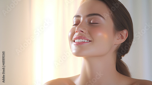 Beautiful Model Woman Face with glowing skin and teeth taking small skincare soft gel and smiling isolated on white background created with Generative AI Technology