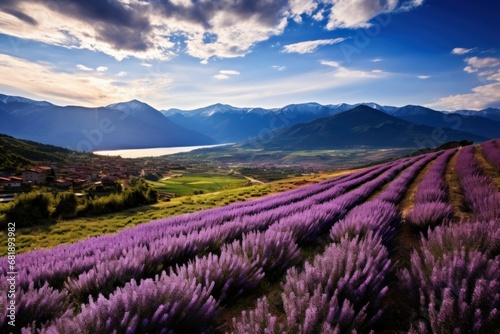 Serene Lavender field mountains. Spring nature sky. Generate Ai