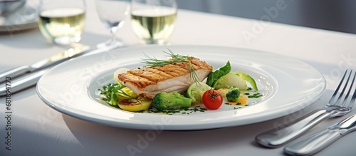 In the restaurant, a plate of gourmet cuisine was beautifully presented; a white dish with green vegetables alongside a healthy chicken meat, cooked to perfection, offering a nutritious and delicious