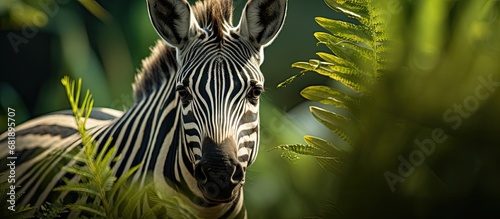 In the African jungle, a black and majestic animal with bold stripes roams freely, its portrait captured in a mesmerizing photo, showcasing the natural beauty of wildlife in its purest form. Whether photo