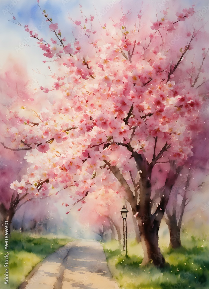 桜の水彩画、春背景|Watercolor painting of cherry blossoms. spring background. Generative AI 桜の水彩画、春背景|Watercolor painting of cherry blossoms. spring background. Generative AI