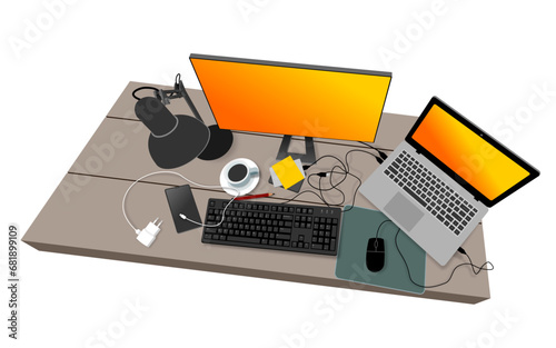 Work desk, Workspace concept with a set of personal computer, accessories, desk lamp and a cup of coffee. Top view, Isolated on white background.