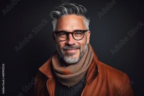 Portrait of a handsome middle-aged man in a brown jacket and scarf.